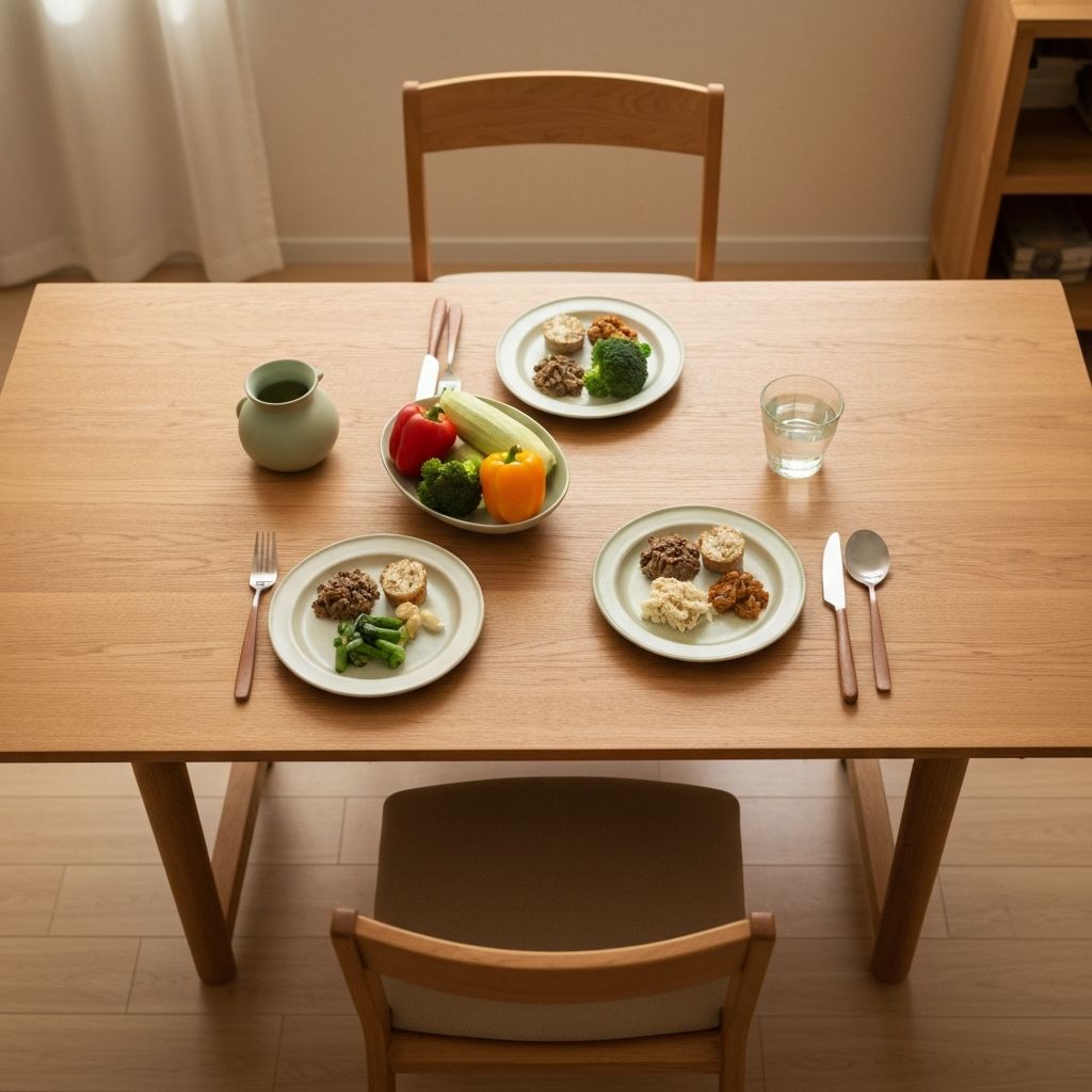 Balanced meal setting on a wooden dining table representing eating behaviour awareness