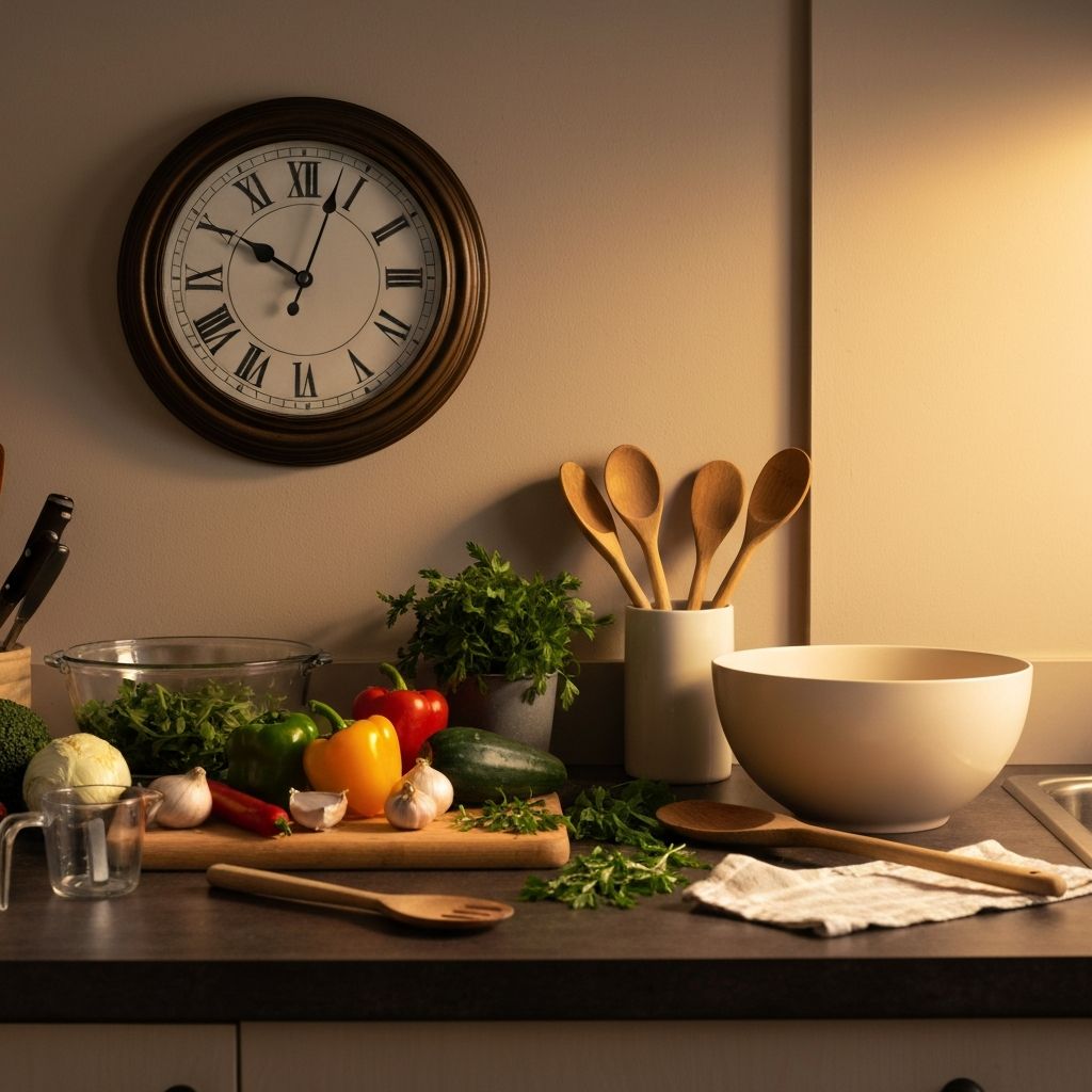 Kitchen scene with clock representing meal timing and schedules